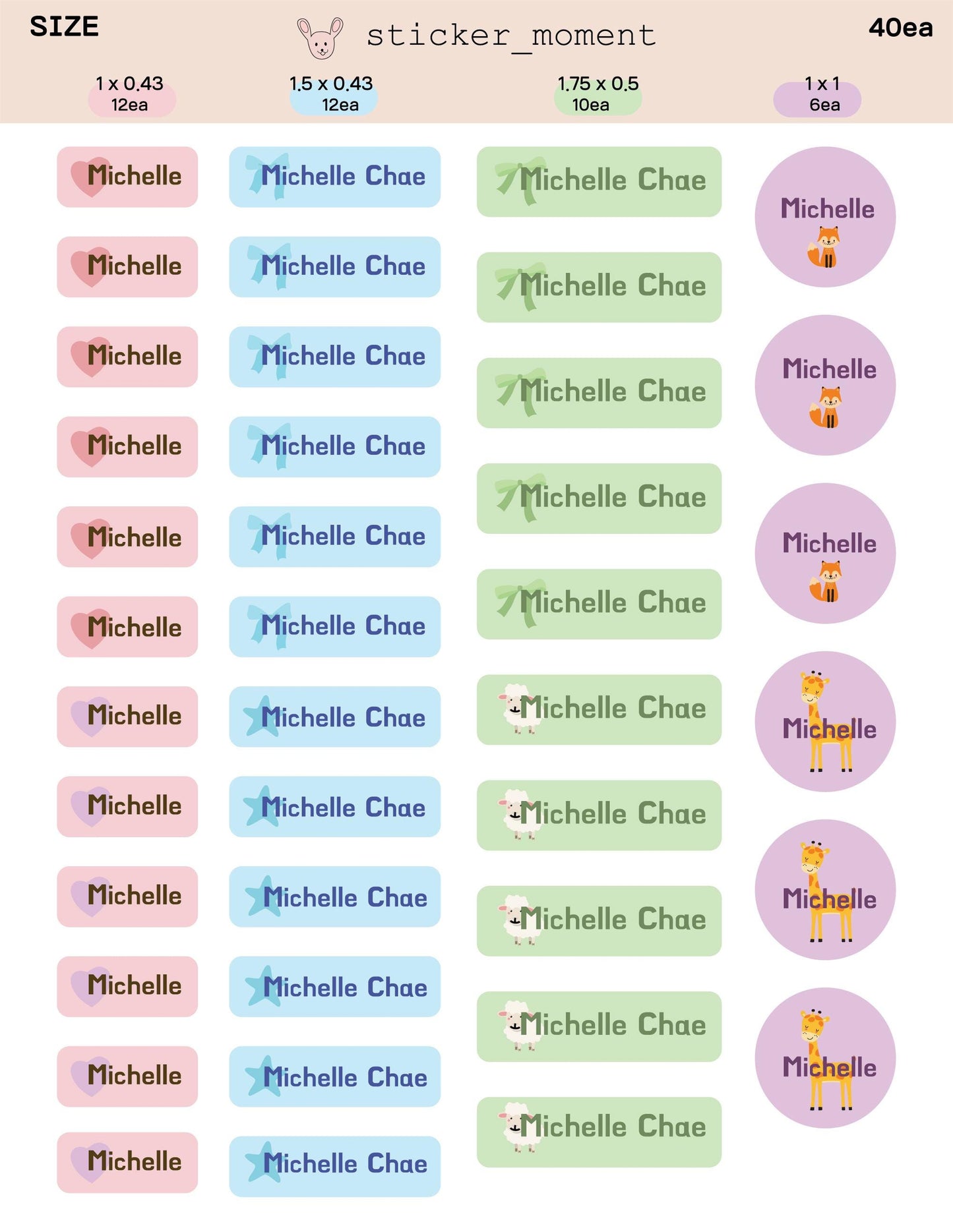 Custom Name Label Sticker Set – 40 Personalized Labels in 4 Sizes | Giraffe & Color Icons