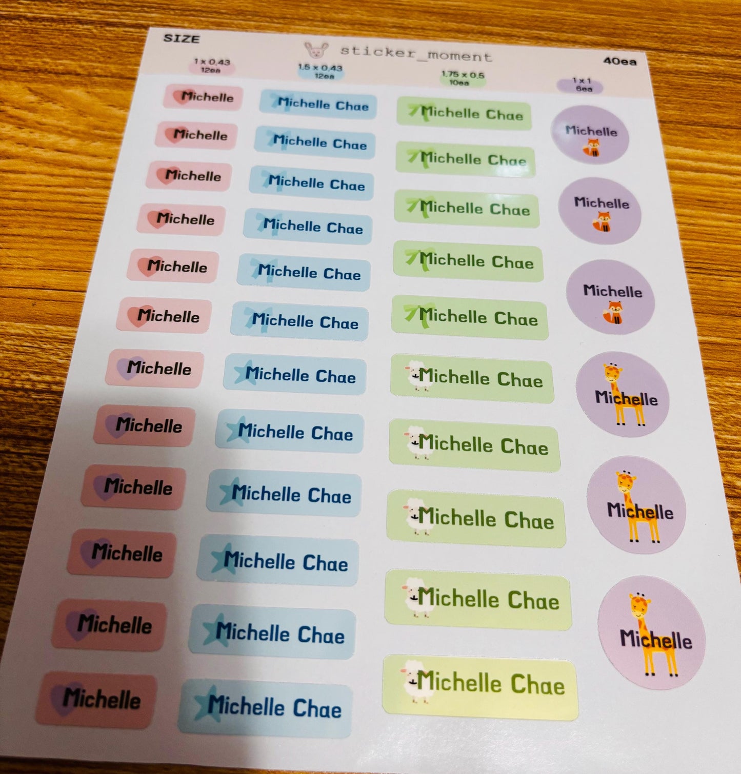 Custom Name Label Sticker Set – 40 Personalized Labels in 4 Sizes | Giraffe & Color Icons
