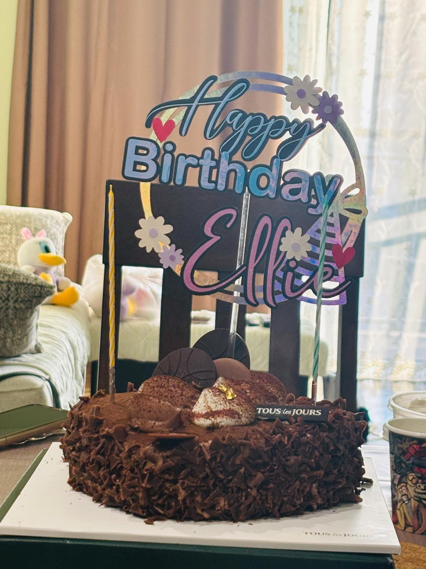 Custom Name Birthday Cake Topper – Glitter & Holographic Circle Design – Personalized Floral Happy Birthday Decoration