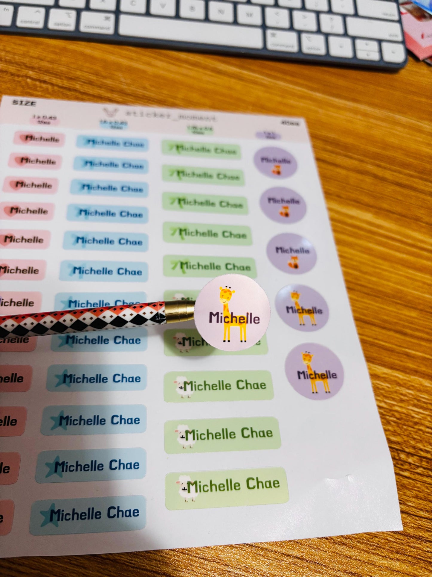 Custom Name Label Sticker Set – 40 Personalized Labels in 4 Sizes | Giraffe & Color Icons
