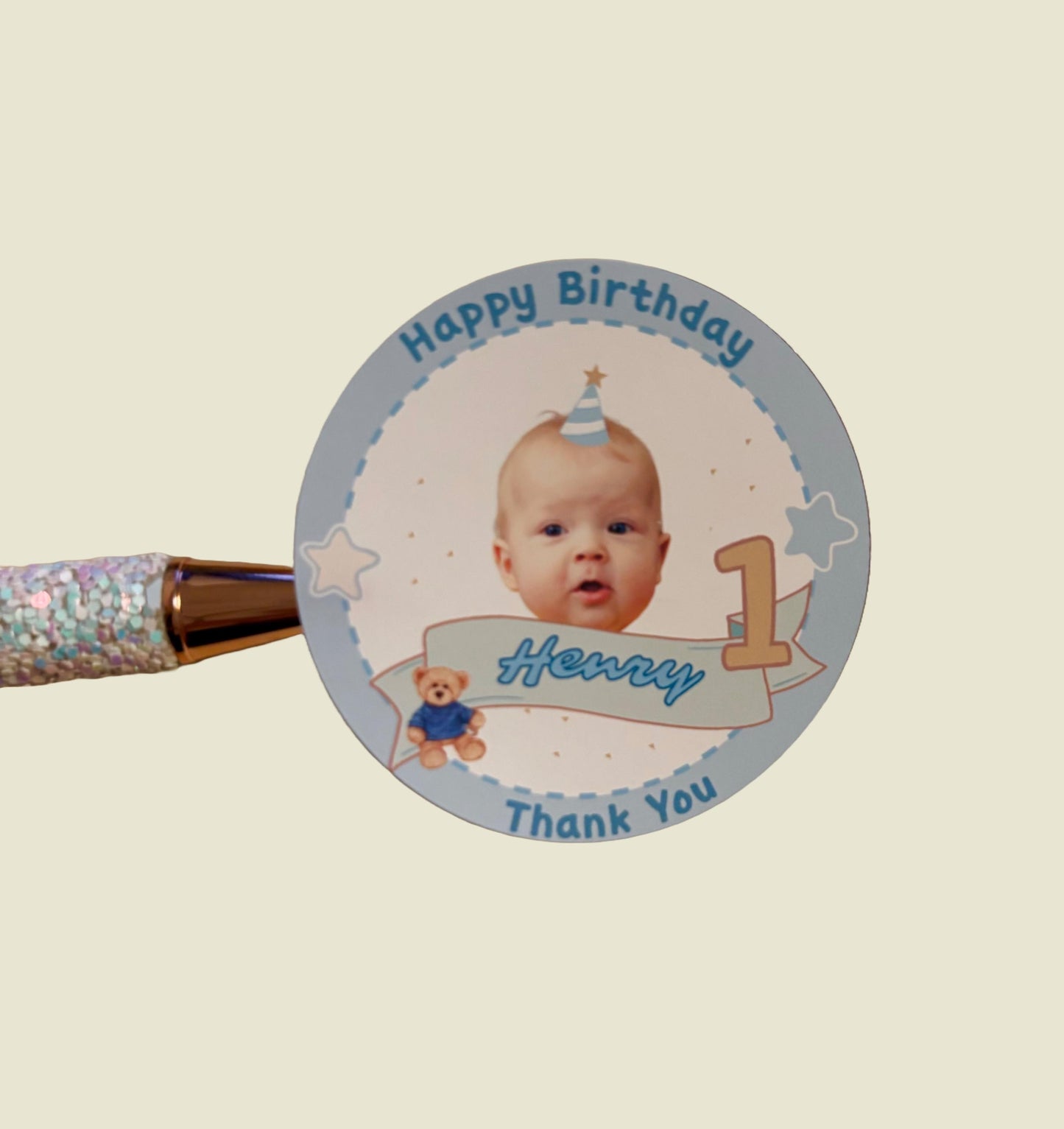 Custom 1st Birthday Photo Sticker – Personalized Baby Birthday Label, Party Favor, 4 Design Choices