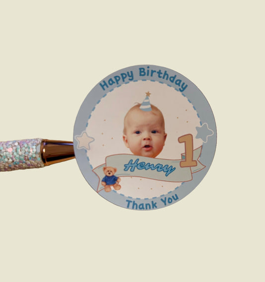 Custom 1st Birthday Photo Sticker – Personalized Baby Birthday Label, Party Favor, 4 Design Choices