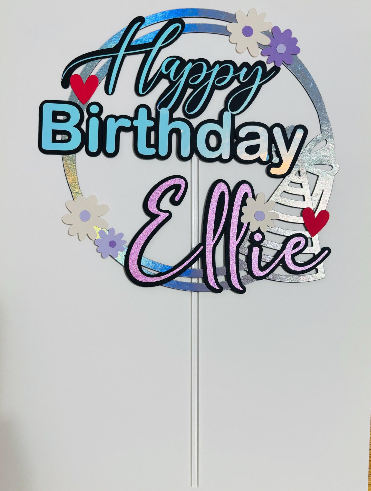 Custom Name Birthday Cake Topper – Glitter & Holographic Circle Design – Personalized Floral Happy Birthday Decoration