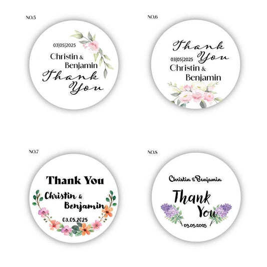 Custom Wedding Thank You Stickers – Floral Design, Personalized with Names and Date