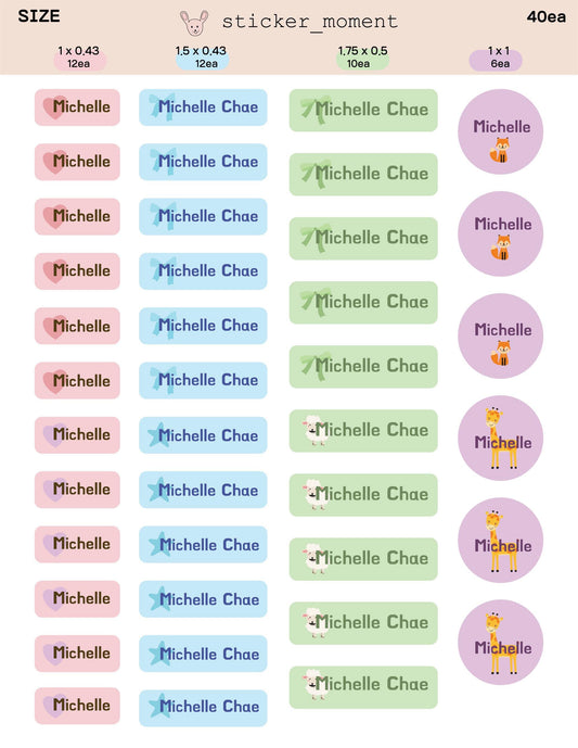 Custom Name Label Sticker Set – 40 Personalized Labels in 4 Sizes | Giraffe & Color Icons