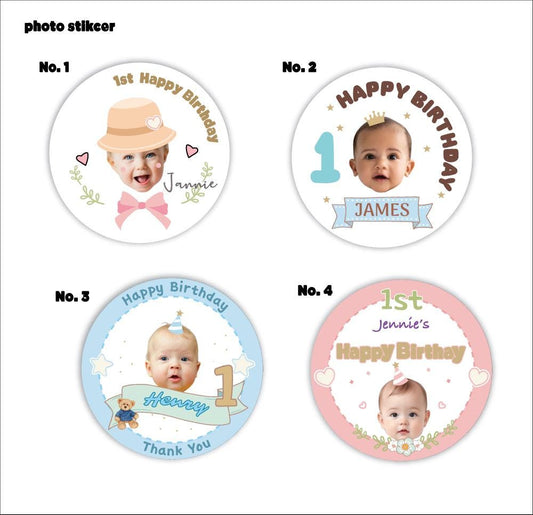 Custom 1st Birthday Photo Sticker – Personalized Baby Birthday Label, Party Favor, 4 Design Choices
