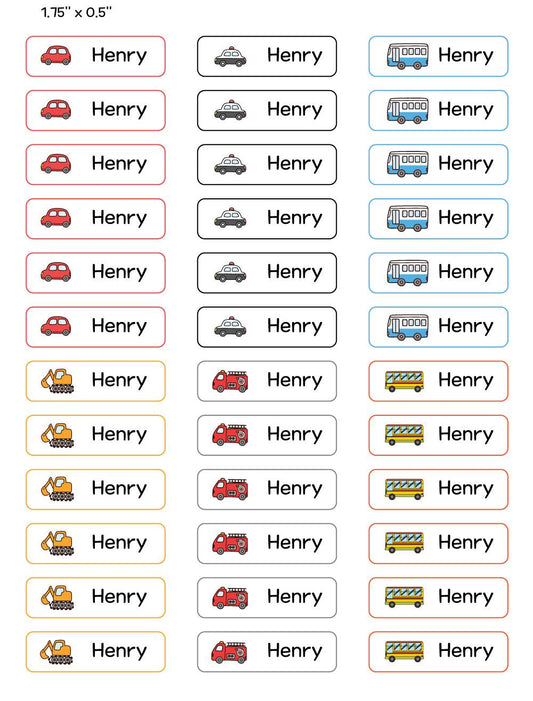 Custom Name Labels for Kids – Choose Your Transport Icons | Waterproof Stickers for School Supplies, Bottles, and Lunch Boxes