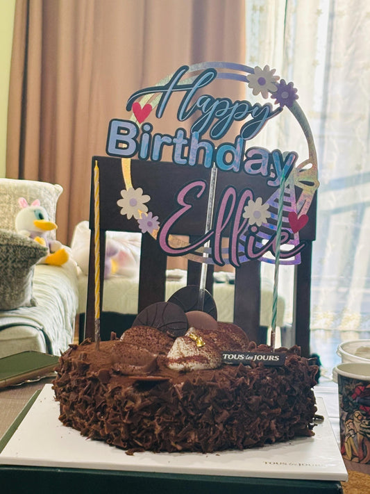 Custom Name Birthday Cake Topper – Glitter & Holographic Circle Design – Personalized Floral Happy Birthday Decoration