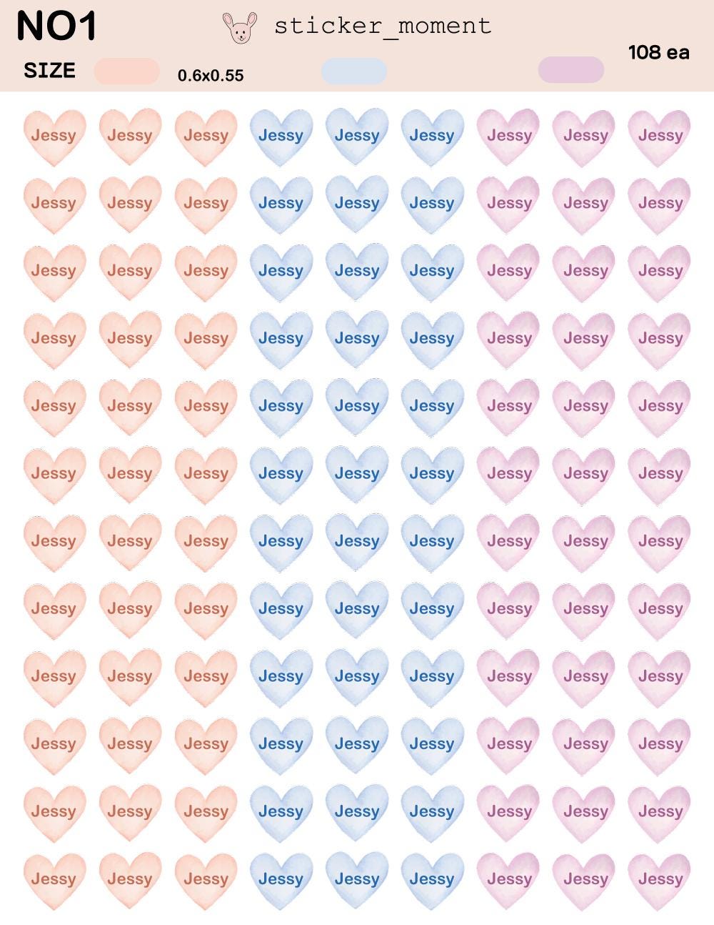 Heart Name Stickers – 108 Custom Labels for Kids and Gifts | Pink, Blue & Purple Pastel Colors