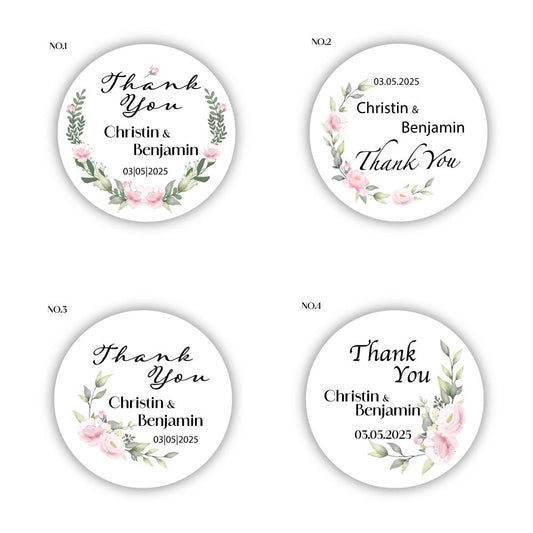 Custom Wedding Thank You Stickers – Floral Design, Personalized with Names and Date