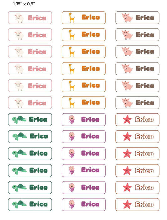 Custom Animal Name Stickers – 1.75"x0.5" Personalized Labels for Kids | Pig, Giraffe, Turtle, Jellyfish & More